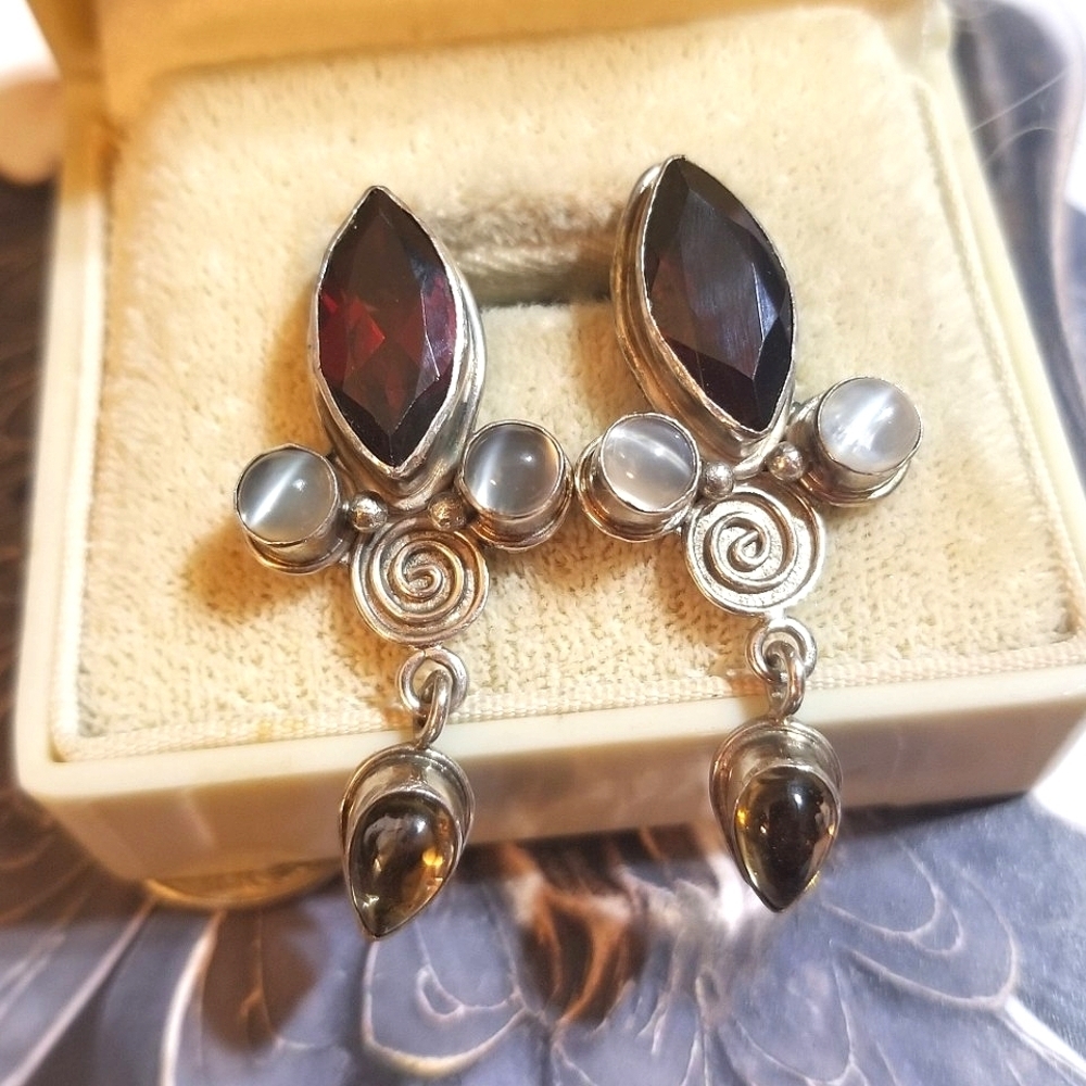 Vintage Sajen Garnet Cats Eye Citrine Sterling Earrings